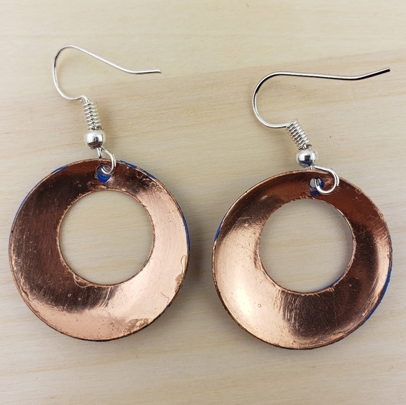 HANDMADE Dangle Earrings Copper Handpainted Blue Mexican Floral Earrings - Picture 2 of 6